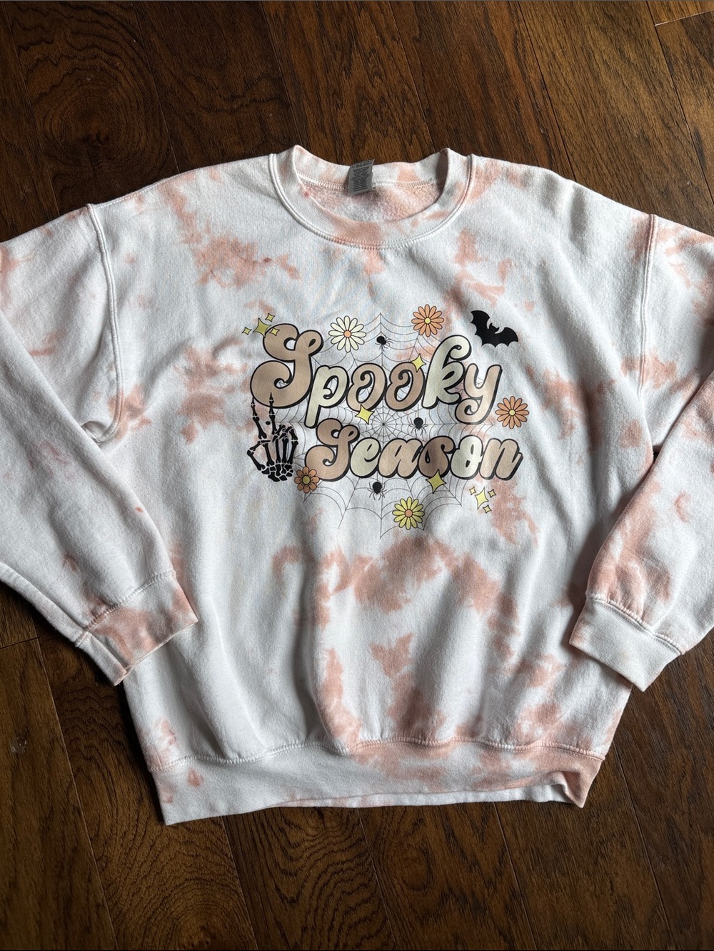 Gildan White & Light Peach Tie-Dye "Spooky Season" Crewneck Sweatshirt